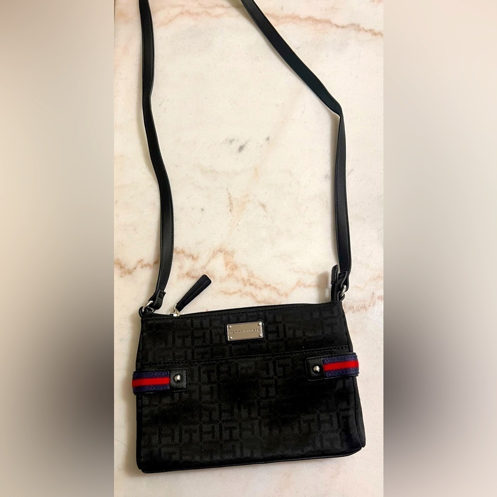 Tommy Hilfiger women’s black logo print crossbody bag with navy and red accent